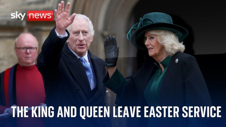 The King and Queen leave the Easter Sunday service at Windsor Castle